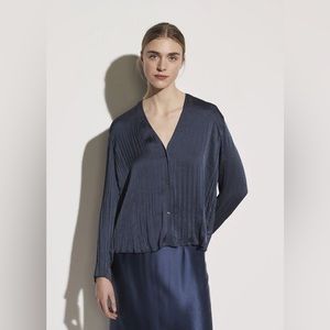 Vince Crushed Pleated V Neck Blouse - Navy XS